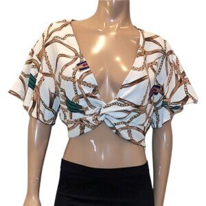 Dynamite Chain Print Crop Top Slouchy Short Sleeve Twist Vneck Size Large